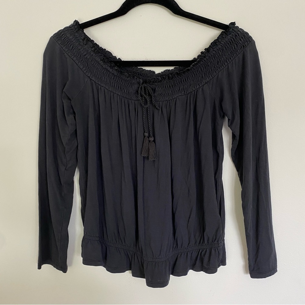 AE Charcoal Grey Tie Front Smocked Blouse